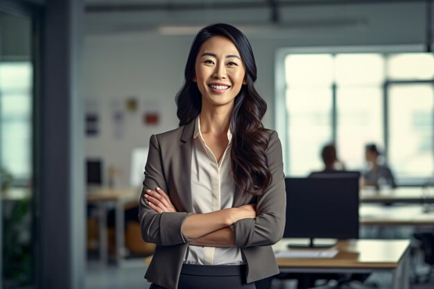 Portrait décontracté d'une femme d'affaires asiatique dans son bureau debout près de son bureau photographie d'entreprise