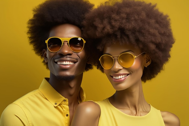 Portrait en demi-longueur photographie de stock portrait d'un homme et d'une femme aux cheveux afro portant des lunettes de soleil souriant sur fond jaune art généré par l'IA