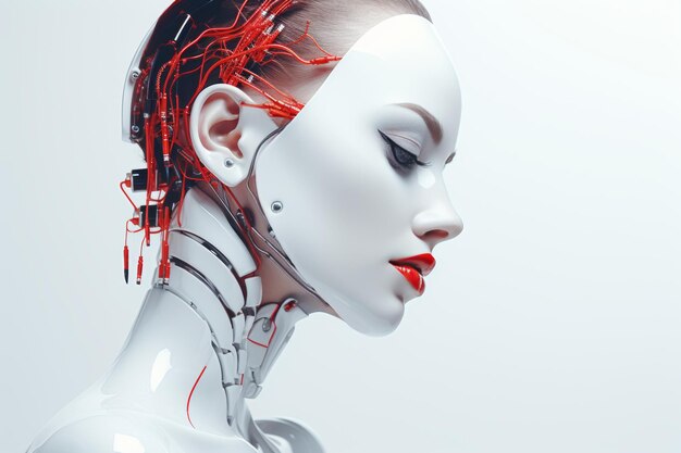 Photo portrait détaillé d'une belle femme robot rouge et blanc design futuriste sur fond dégradé