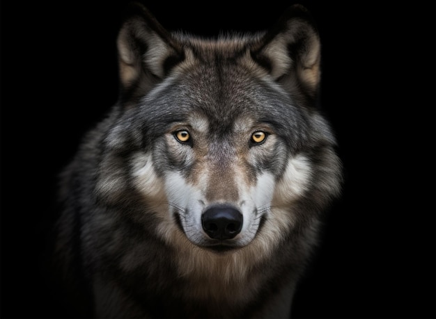 Portrait détaillé du visage d'un loup sur un fond sombre