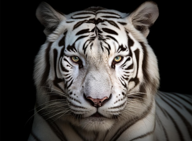 Portrait détaillé du visage de tigre blanc isolé sur fond noir ai génératif