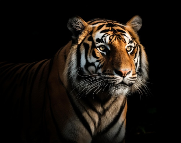 Portrait détaillé d'un visage de tigre isolé sur fond noir ai générative