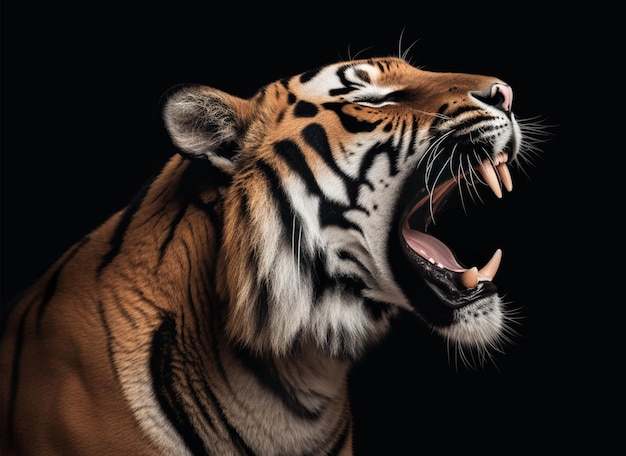 Portrait détaillé d'un visage de tigre rugissant isolé sur fond noir ai générative