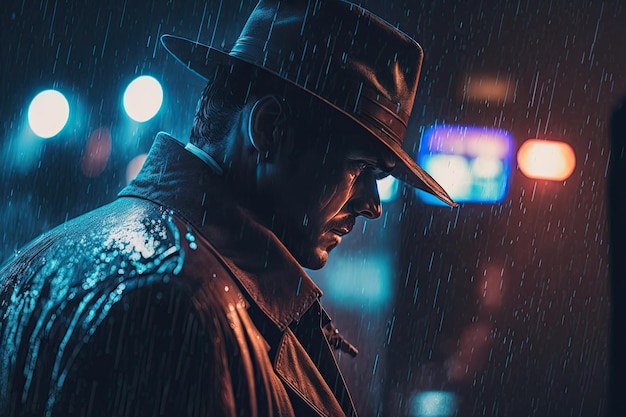 Portrait d'un détective masculin de style noir dans un imperméable et un chapeau dans une ville de nuit