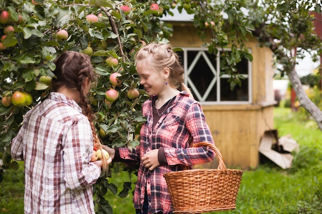 Portrait de deux adolescentes cueillant des pommes dans le jardin du village