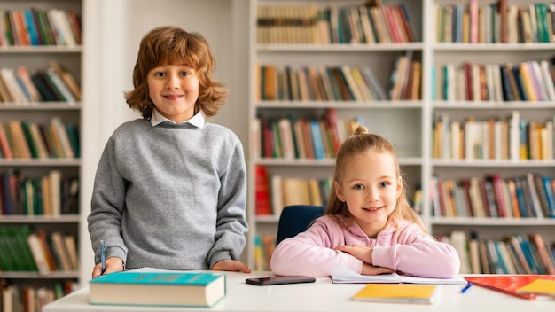 Portrait de deux amis d'école souriant à la caméra, une écolière assise au bureau et un garçon debout à proximité