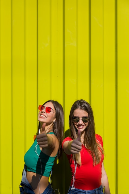 Portrait de deux amis de jeunes femmes heureux debout en plein air sur un mur jaune