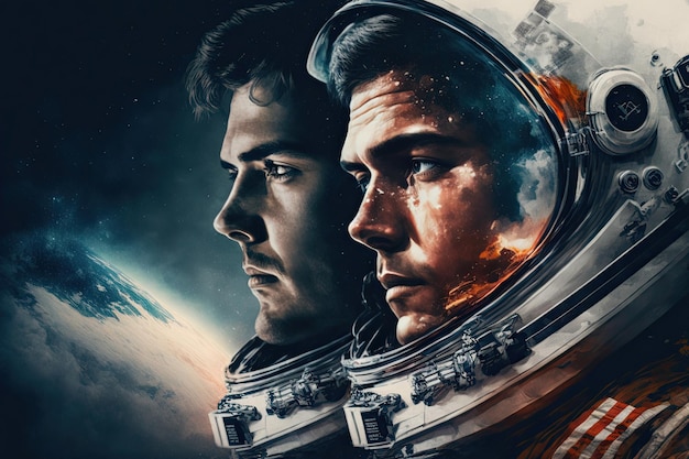 Portrait de deux astronautes avec des combinaisons spatiales sur fond d'espace Films d'affiche Génératif