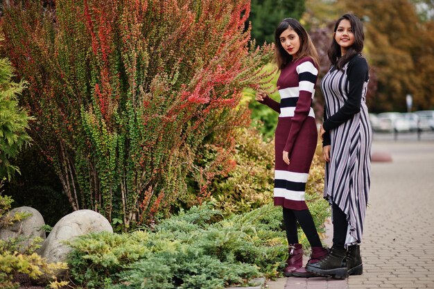Portrait de deux belles jeunes adolescentes indiennes ou sud-asiatiques en robe posées près des buissons