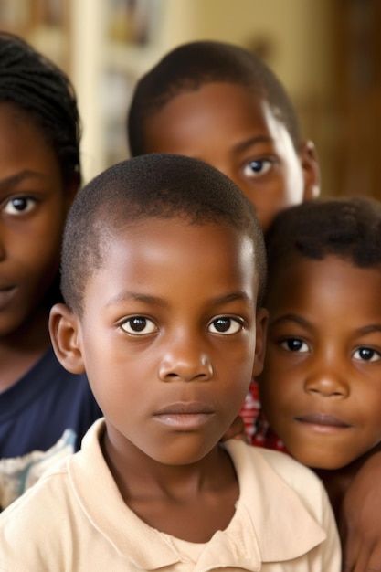 Portrait de deux enfants avec leurs parents en arrière-plan créé avec une IA générative