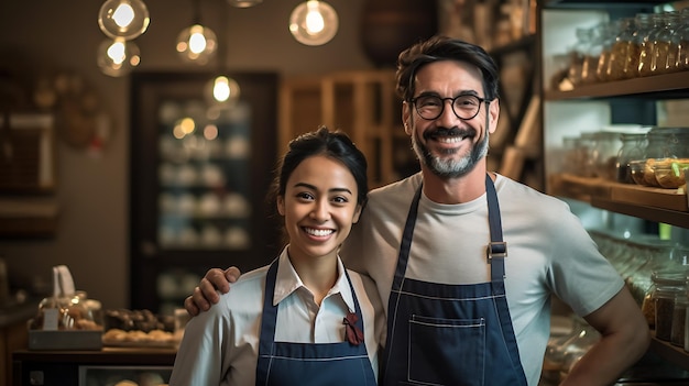 Portrait de deux entrepreneurs souriants se tenant ensemble dans leur café branchéCréé avec la technologie Generative AI