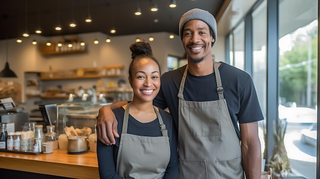 Portrait de deux entrepreneurs souriants se tenant ensemble dans leur café branchéCréé avec la technologie Generative AI