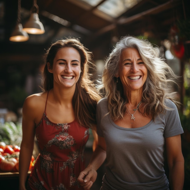 Portrait de deux femmes heureuses dans une serre