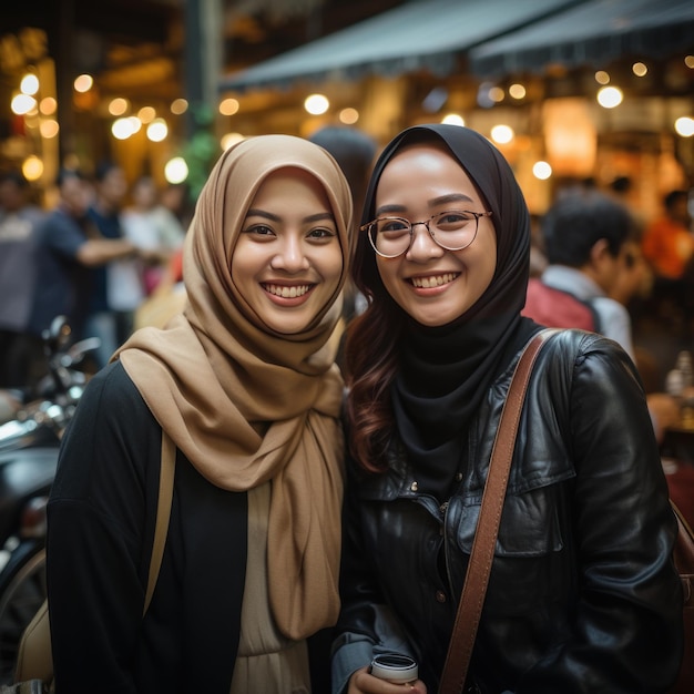 portrait de deux femmes musulmanes souriant et regardant la caméra au café