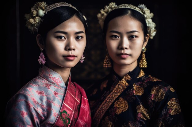 Portrait de deux femmes portant des vêtements traditionnels thaïlandais créés avec l'ai génératif