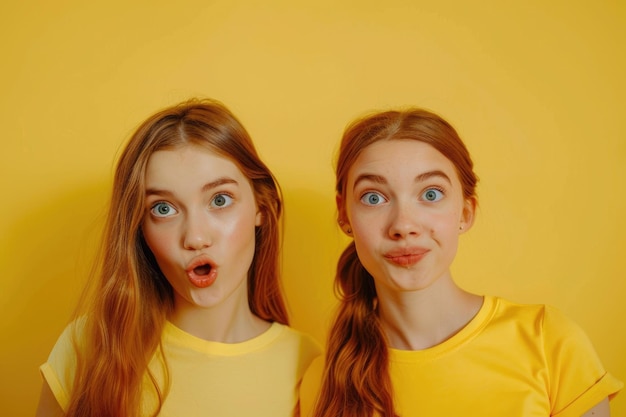 Portrait de deux filles joyeuses sur un fond jaune vif