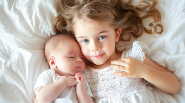 Portrait de deux frères et sœurs, une sœur aînée et un bébé allongés ensemble