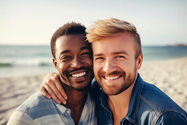 Portrait de deux gays, un Africain et un Caucasien, souriants et étreints sur la plage.