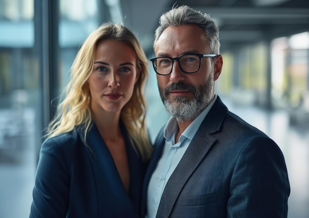 Portrait de deux hommes d'affaires de haut rang et d'une femme debout dans le bureau