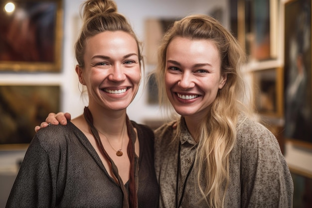 Portrait de deux ouvrières de galeries d'art souriantes ensemble créées avec une IA générative