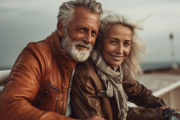 Portrait de deux personnes âgées homme et femme aux cheveux gris en vacances