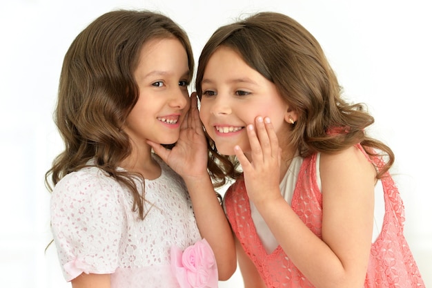 Portrait de deux petites filles mignonnes bavardant