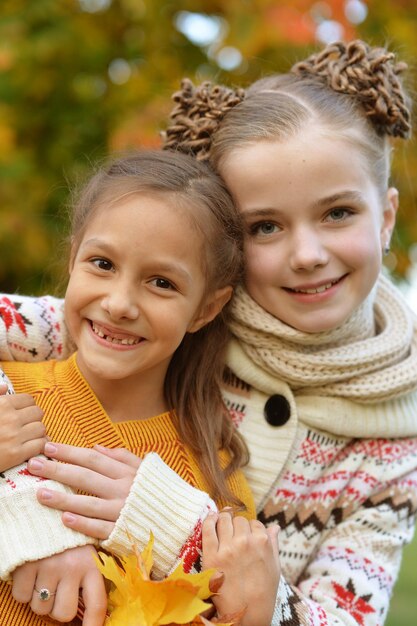 Portrait de deux petites soeurs mignonnes regardant la caméra dans le parc