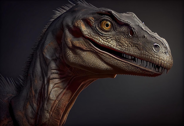 Portrait d'un dinosaure vélociraptor avec un fond sombre