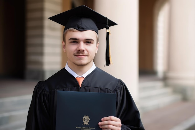 Portrait d'un diplômé heureux avec son diplôme le jour de la remise des diplômes créé avec une IA générative