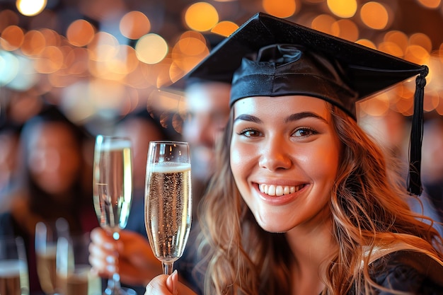 Photo portrait d'une diplômée célébrant avec du champagne