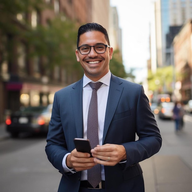 portrait d'un dirigeant d'entreprise hispanique utilisant un téléphone dans une rue de la ville