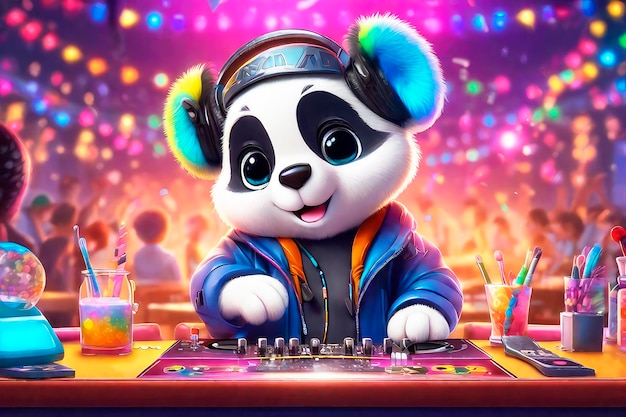 Portrait d'un DJ d'animal adorable à la discothèque sur des écouteurs avec une table de mixage