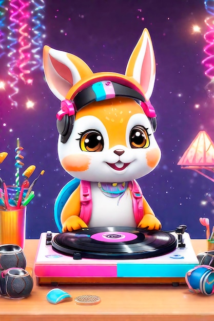 Portrait d'un DJ d'animal adorable à la discothèque sur des écouteurs avec une table de mixage