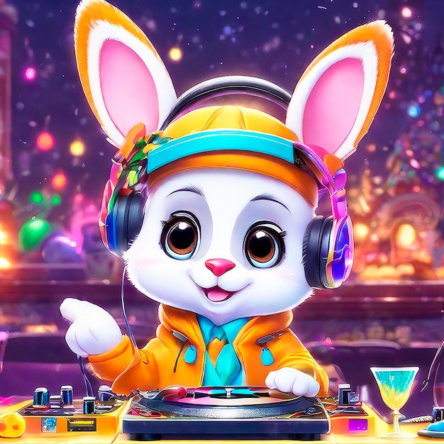 Portrait d'un DJ d'animal adorable à la discothèque sur des écouteurs avec une table de mixage