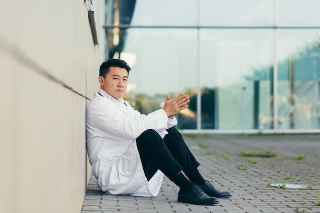 Portrait Doctor Asian man fatigué après le travail assis sur le sol près de la clinique déçu du résultat