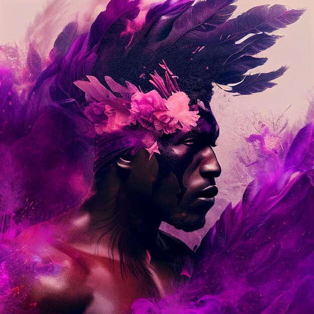 Portrait de double exposition bel homme afro-américain fleurs plume violet abstrait