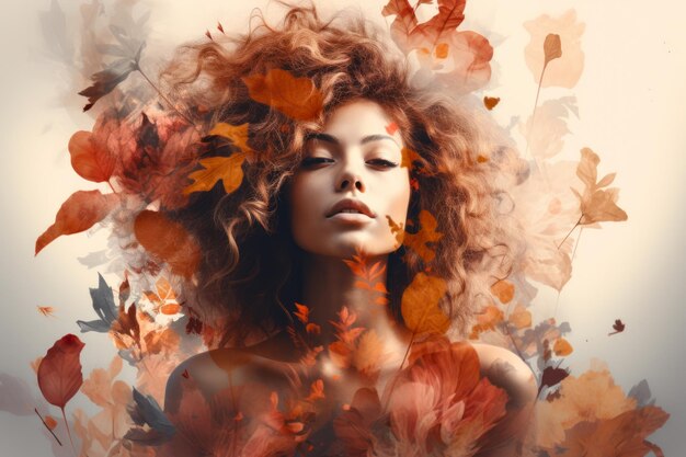 Portrait en double exposition d'une femme afro-américaine avec des feuilles d'automne sur fond blanc