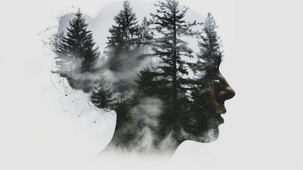 Portrait à double exposition femme forêt brume nature fond noir et blanc