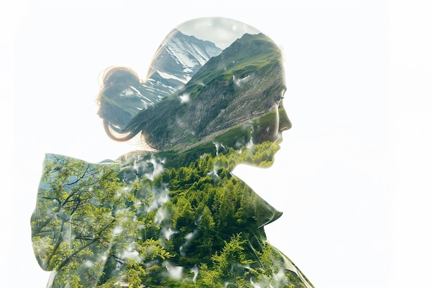 Portrait à double exposition d'une femme mélangée à la nature des arbres forestiers verts sur un fond clair Voyage de printemps nature et envie de voyager concept Voyageur solo seul rêve et pense écologie verte
