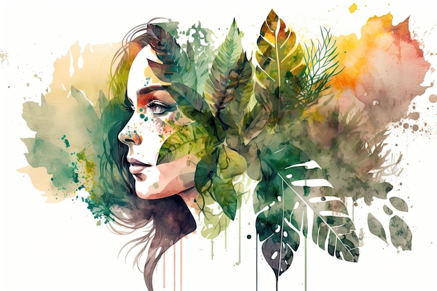 Portrait double exposition femme avec des plantes et des feuilles Illustration créative colorée AI générative