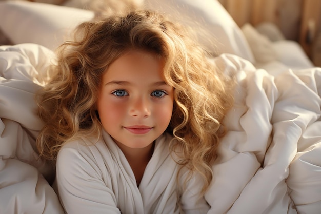 portrait d'un doux petit bébé dans le lit avec du linge de lit blanc