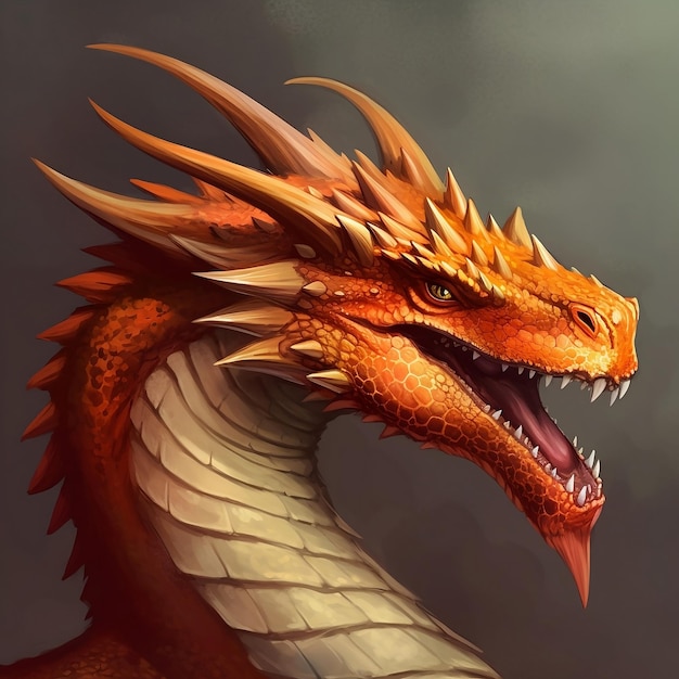 Portrait de dragon orange sur fond gris