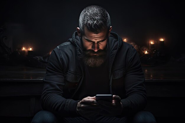 Photo portrait dramatique d'un homme utilisant un smartphone sur un fond sombre