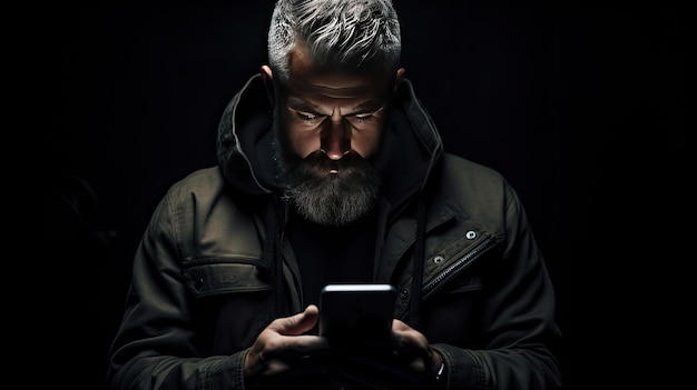 Photo portrait dramatique d'un homme utilisant un smartphone sur un fond sombre