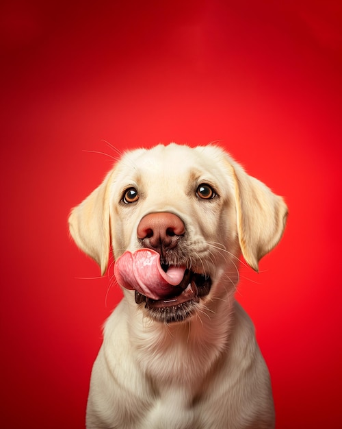 Portrait drôle d'un chiot de labrador récupérateur affamé léchant ses lèvres sur un fond rouge