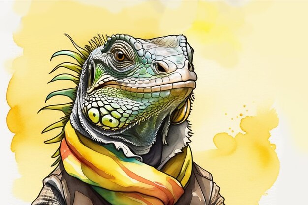 Photo portrait drôle d'iguane avec un foulard jaune sur fond d'aquarelle