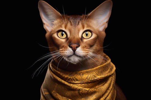 Portrait du beau chat abyssinien aux yeux jaunes dans un foulard