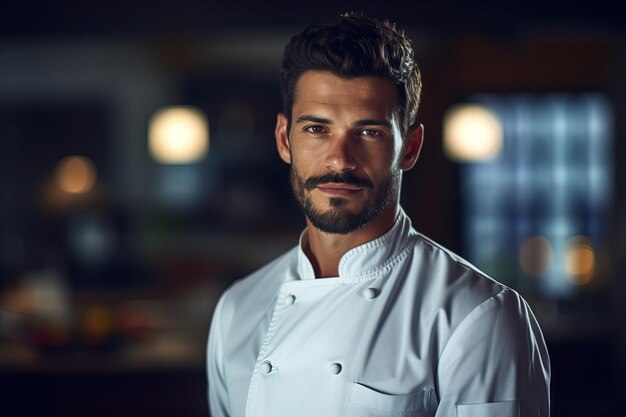 Photo portrait du beau chef en cuisine