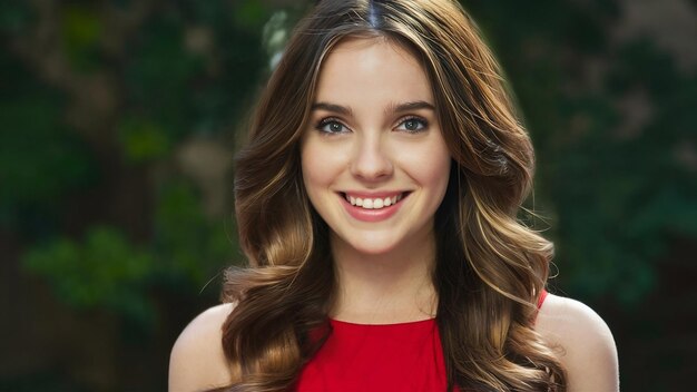 Portrait du beau visage d'une jeune femme souriante aux longs cheveux bruns dans une robe rouge