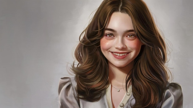 Portrait du beau visage d'une jeune femme souriante aux longs cheveux bruns